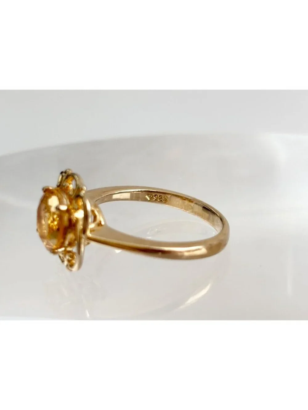 Gold Overlay Citrine Gemstone Solitaire Sterling Silver 925 Vintage Ring - sz 7